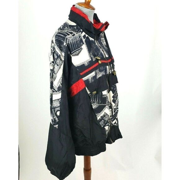 Vintage 80s 90s Black Red Studio Art Print Silk Track Jacket Windbreaker Sz S - Picture 3 of 9